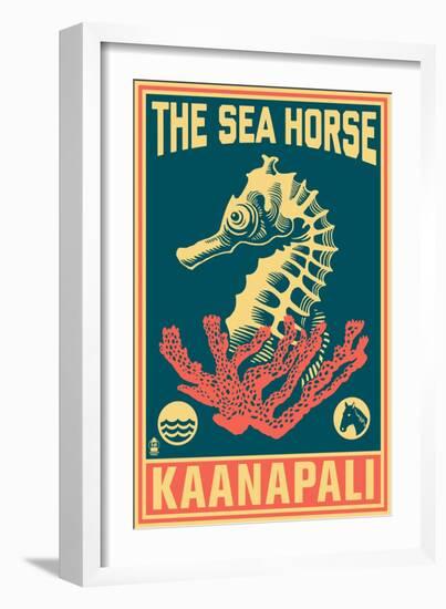 Kaanapali, Hawaii - Seahorse Woodblock (Blue and Pink)-Lantern Press-Framed Art Print