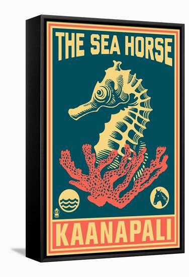 Kaanapali, Hawaii - Seahorse Woodblock (Blue and Pink)-Lantern Press-Framed Stretched Canvas