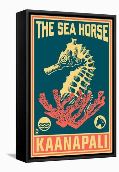 Kaanapali, Hawaii - Seahorse Woodblock (Blue and Pink)-Lantern Press-Framed Stretched Canvas