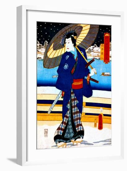 Kabuki Stroll on Japanese Bridge-null-Framed Giclee Print