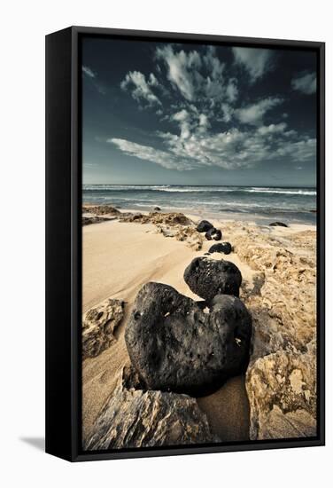 Kaena Point State Park, Oahu: a Trail of Black Lava Rocks Make their Way into the Incoming Tide-Brad Beck-Framed Stretched Canvas