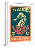 Kahala, Hawaii - Seahorse Woodblock (Blue and Pink)-Lantern Press-Framed Art Print