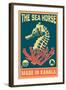 Kahala, Hawaii - Seahorse Woodblock (Blue and Pink)-Lantern Press-Framed Art Print