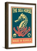 Kahala, Hawaii - Seahorse Woodblock (Blue and Pink)-Lantern Press-Framed Art Print