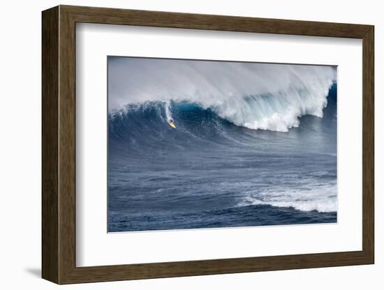 Kai Lenny on Stand Up Paddle Board Surfing Monster Waves at Pe'Ahi Jaws, North Shore Maui-Janis Miglavs-Framed Photographic Print