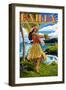 Kailua, Hawaii - Hula Girl on Coast-Lantern Press-Framed Art Print