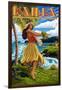 Kailua, Hawaii - Hula Girl on Coast-Lantern Press-Framed Art Print