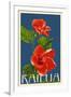 Kailua, Hawaii - Red Hibiscus Flower Letterpress-Lantern Press-Framed Art Print