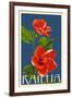 Kailua, Hawaii - Red Hibiscus Flower Letterpress-Lantern Press-Framed Art Print