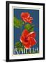 Kailua, Hawaii - Red Hibiscus Flower Letterpress-Lantern Press-Framed Art Print