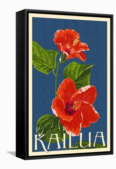 Kailua, Hawaii - Red Hibiscus Flower Letterpress-Lantern Press-Framed Stretched Canvas