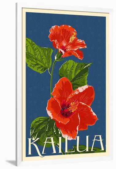 Kailua, Hawaii - Red Hibiscus Flower Letterpress-Lantern Press-Framed Art Print