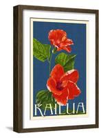 Kailua, Hawaii - Red Hibiscus Flower Letterpress-Lantern Press-Framed Art Print