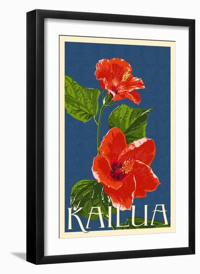 Kailua, Hawaii - Red Hibiscus Flower Letterpress-Lantern Press-Framed Art Print