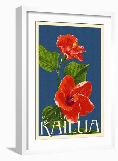 Kailua, Hawaii - Red Hibiscus Flower Letterpress-Lantern Press-Framed Art Print