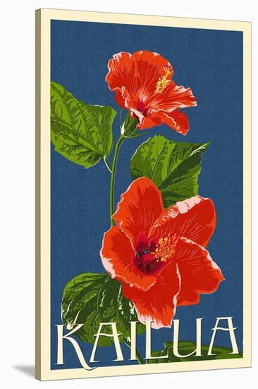 Kailua, Hawaii - Red Hibiscus Flower Letterpress-Lantern Press-Stretched Canvas