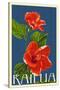 Kailua, Hawaii - Red Hibiscus Flower Letterpress-Lantern Press-Stretched Canvas