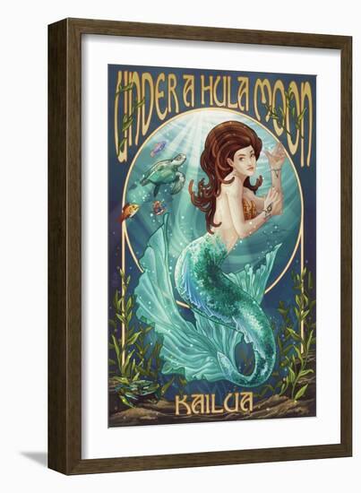 Kailua, Hawaii - under a Hula Moon - Mermaid-Lantern Press-Framed Art Print