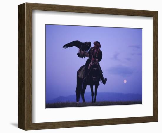 Kalanash Sarsembek with Eagle, a Hunter's Moonrise Over Steppe, Kazakhstan, Central Asia-David Beatty-Framed Photographic Print