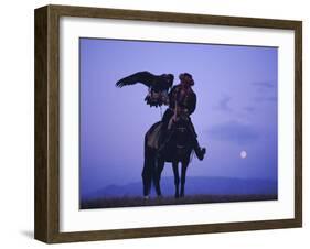 Kalanash Sarsembek with Eagle, a Hunter's Moonrise Over Steppe, Kazakhstan, Central Asia-David Beatty-Framed Photographic Print