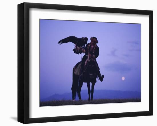 Kalanash Sarsembek with Eagle, a Hunter's Moonrise Over Steppe, Kazakhstan, Central Asia-David Beatty-Framed Photographic Print