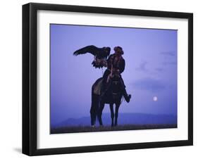 Kalanash Sarsembek with Eagle, a Hunter's Moonrise Over Steppe, Kazakhstan, Central Asia-David Beatty-Framed Photographic Print