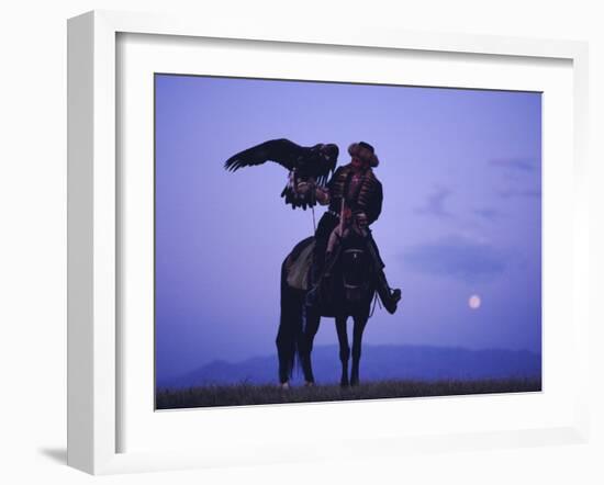 Kalanash Sarsembek with Eagle, a Hunter's Moonrise Over Steppe, Kazakhstan, Central Asia-David Beatty-Framed Photographic Print