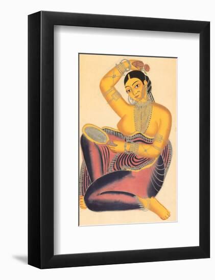 Kalighat Courtesan with Mirror Putting a Rose in Her Hair-null-Framed Art Print