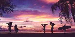 Silhouette of Surfer People Carrying their Surfboards on Sunset Beach. Panoramic Soft Style with Vi-Kanchana P-Photographic Print