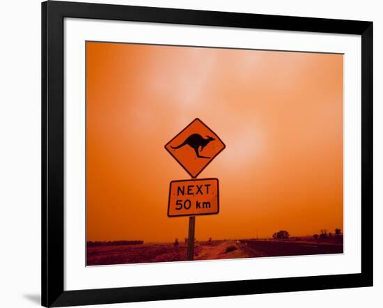 Kangaroo Crossing Road Sign, Outback Dust Storm, Rural Highway, Ivanhoe, New South Wales, Australia-Paul Souders-Framed Photographic Print