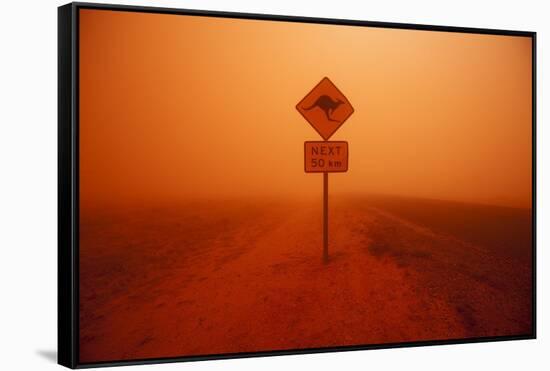 Kangaroo Crossing Sign in Dust Storm in the Australian Outback-Paul Souders-Framed Stretched Canvas