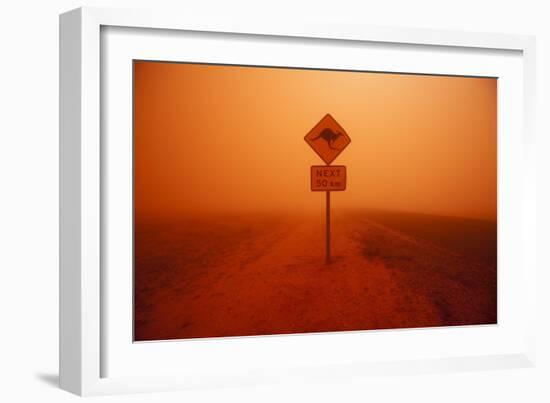 Kangaroo Crossing Sign in Dust Storm in the Australian Outback-Paul Souders-Framed Photographic Print