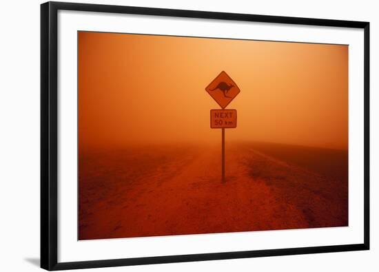 Kangaroo Crossing Sign in Dust Storm in the Australian Outback-Paul Souders-Framed Photographic Print