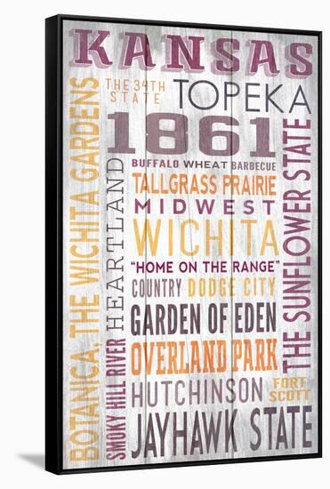 Kansas - Barnwood Typography-Lantern Press-Framed Stretched Canvas