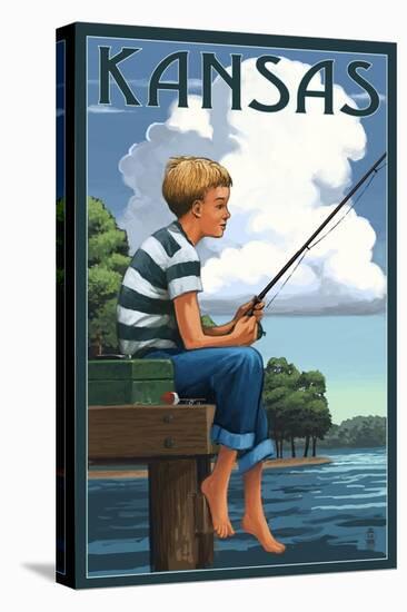 Kansas - Boy Fishing-Lantern Press-Stretched Canvas