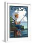 Kansas - Boy Fishing-Lantern Press-Framed Art Print