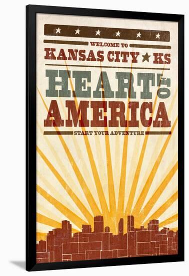 Kansas City, Kansas - Skyline and Sunburst Screenprint Style-Lantern Press-Framed Art Print