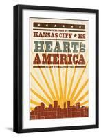 Kansas City, Kansas - Skyline and Sunburst Screenprint Style-Lantern Press-Framed Art Print