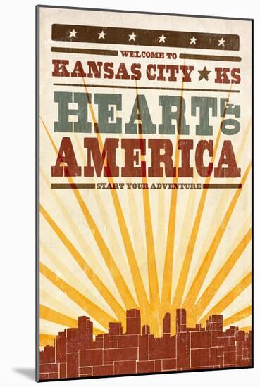 Kansas City, Kansas - Skyline and Sunburst Screenprint Style-Lantern Press-Mounted Art Print