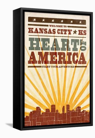 Kansas City, Kansas - Skyline and Sunburst Screenprint Style-Lantern Press-Framed Stretched Canvas