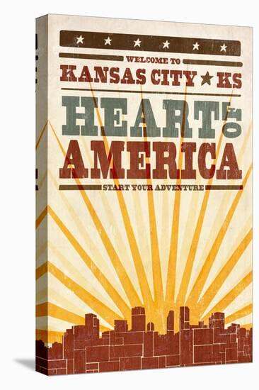 Kansas City, Kansas - Skyline and Sunburst Screenprint Style-Lantern Press-Stretched Canvas