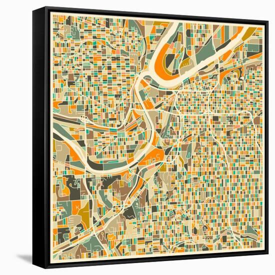 Kansas City Map-Jazzberry Blue-Framed Stretched Canvas