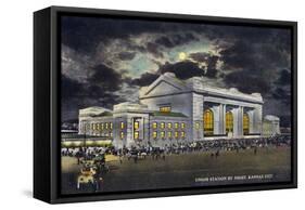 Kansas City, Missouri - Exterior View of Union Station at Night-Lantern Press-Framed Stretched Canvas