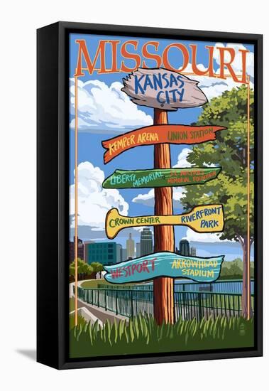 Kansas City, Missouri - Signpost Destinations-Lantern Press-Framed Stretched Canvas