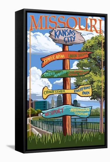 Kansas City, Missouri - Signpost Destinations-Lantern Press-Framed Stretched Canvas