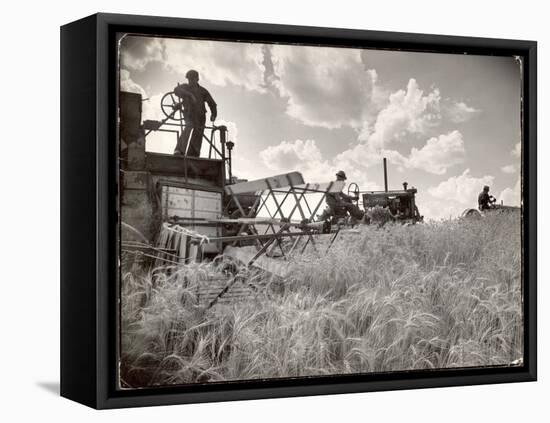 Kansas Farmer Driving Farmall Tractor as He Pulls a Manned Combine During Wheat Harvest-Margaret Bourke-White-Framed Stretched Canvas