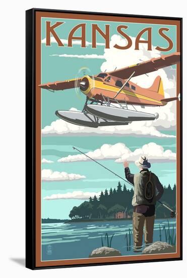 Kansas - Float Plane and Fisherman-Lantern Press-Framed Stretched Canvas