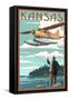 Kansas - Float Plane and Fisherman-Lantern Press-Framed Stretched Canvas