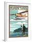 Kansas - Float Plane and Fisherman-Lantern Press-Framed Art Print