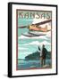 Kansas - Float Plane and Fisherman-Lantern Press-Framed Art Print